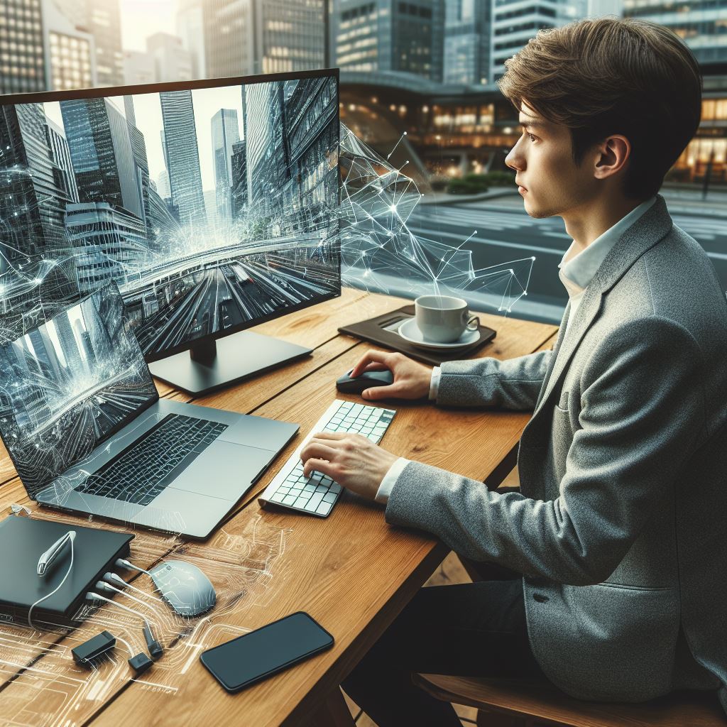 東京の丸の内のスタートアップ企業のオフィス風景を持つ、外部ディスプレイにラップトップパソコンを繋ぎ、ワイヤレスキーボードとワイヤレスマウスを手元に置いて仕事をしている若い男性に他の要素を加えたバージョン