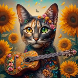Transform the image of a cat with a mix of dark and light fur, green eyes, and ears pointed upwards into an ethereal hyperrealistic version, incorporating a background filled with vibrant sunflowers and adding a classical guitar rendered in the surreal style of Frida Kahlo.. Image 2 of 4