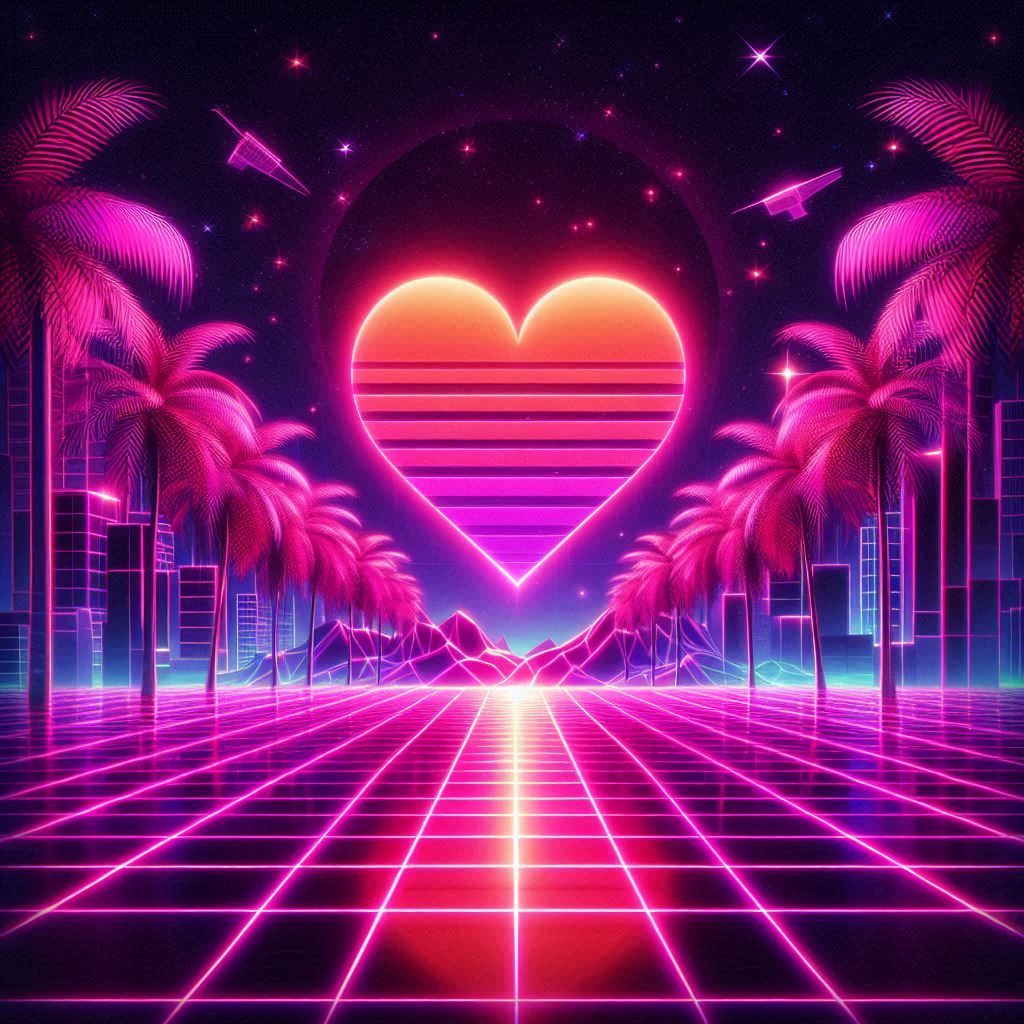A neon‑drenched 80s synthwave landscape with a giant glowing heart sun setting behind palm trees, retro grid floor reflecting pink and purple hues, bold Valentine style.. Image 2 of 4