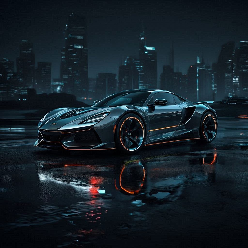 A hyper‑realistic dream car showcased in a dramatic nighttime setting. Sleek aerodynamic body, glossy metallic finish, glowing LED accents, and sculpted curves. Cinematic rim lighting, neon reflections on wet pavement, and a moody futuristic city skyline in the background. Low‑angle hero shot emphasizing power and elegance. Subtle motion blur, crisp details, and a bold, high‑end luxury vibe.。第 4 个图像，共 4 个图像