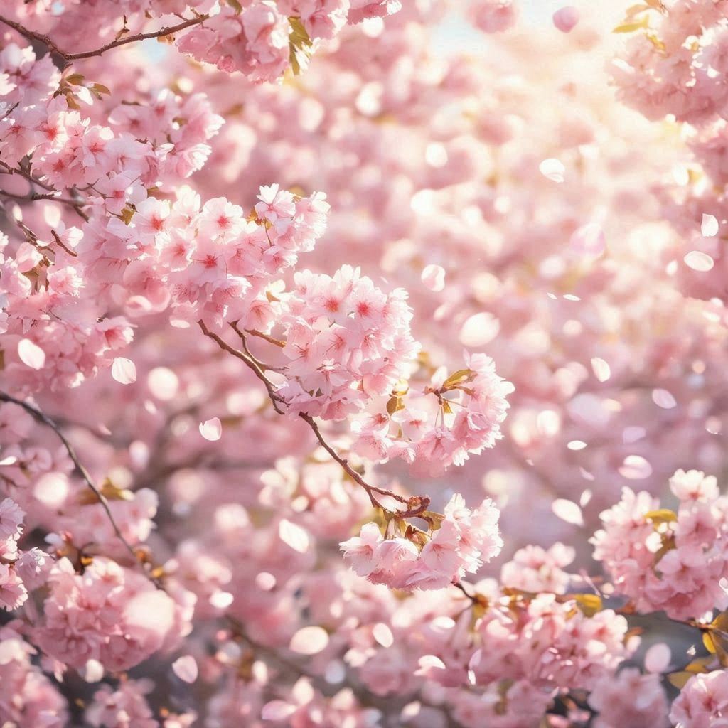 Dreamy cherry blossom scene in soft pastel colors, branches filled with delicate pink sakura petals glowing in gentle sunlight, petals drifting through the air, shallow depth of field, creamy bokeh, serene spring atmosphere, subtle warm highlights, ultra‑detailed petals, soft breeze motion, high‑quality photographic style with a peaceful, uplifting mood.。第 1 个图像，共 4 个图像