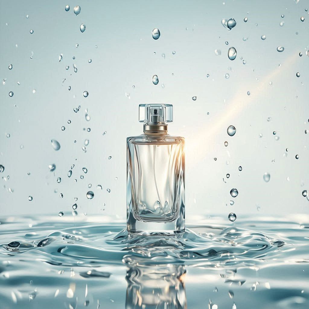 A sculpted glass perfume bottle standing on a glossy, water‑rippled surface that reflects soft shimmering highlights, surrounded by drifting droplets suspended in mid‑air like crystallized mist. The scene is styled in refined minimalist luxury, with the bottle centered against a clean gradient backdrop that transitions from pale aqua to luminous white. Cool diffused studio light creates pristine reflections along the glass edges, while a gentle beam of warm sunrise gold grazes the bottle, adding depth and elegance. Subtle waves of translucent water flow around the base, enhancing the fresh, pure, and high‑end feeling, captured in ultra‑sharp premium product photography with crisp focus and smooth depth of field.。第 2 个图像，共 3 个图像