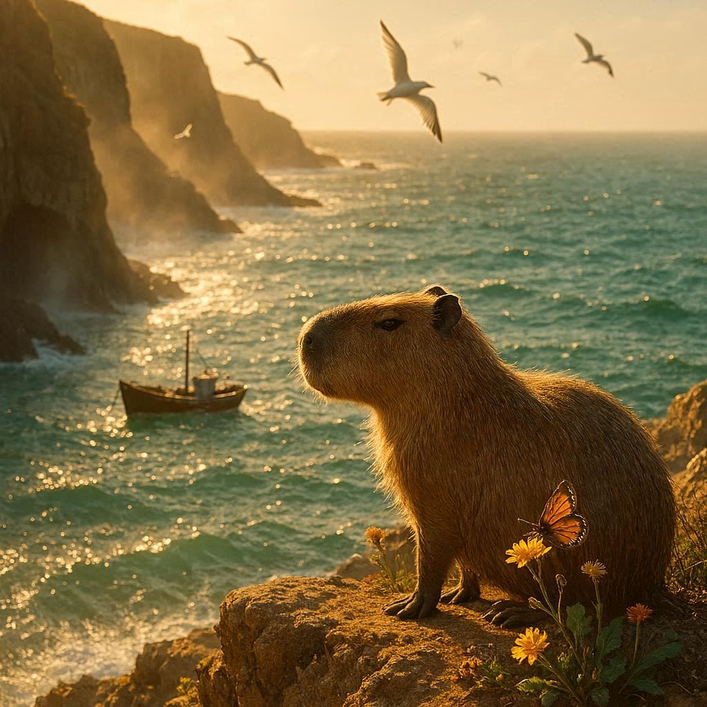 In bright golden late-afternoon light, a capybara far from its river home stands on a rugged cliff edge, gazing at a small fishing boat swaying gently on the shimmering turquoise swell. White seabirds wheel gracefully above, soft mist drifts from sea caves, and a delicate butterfly rests on vibrant wildflowers beside its salt-sprayed fur, photorealistic.