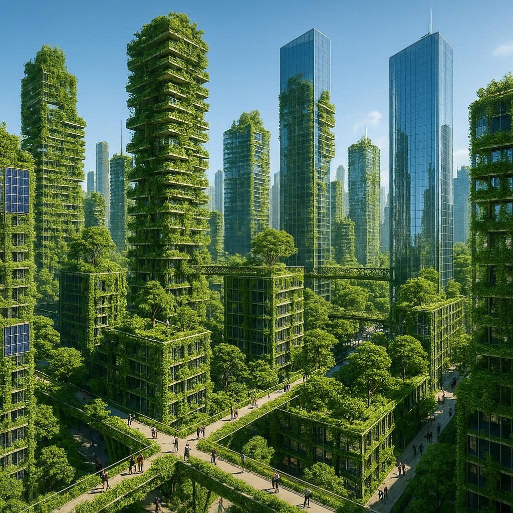A lush green skyscraper city with vertical forests covering every building, rooftop parks connected by hanging bridges, solar panel facades, crystal-clear glass towers reflecting deep blue skies, pedestrians walking on elevated green walkways, aerial drone view showcasing a harmonious blend of modern architecture and nature, soft daylight with sharp clarity, ultra-realistic textures.