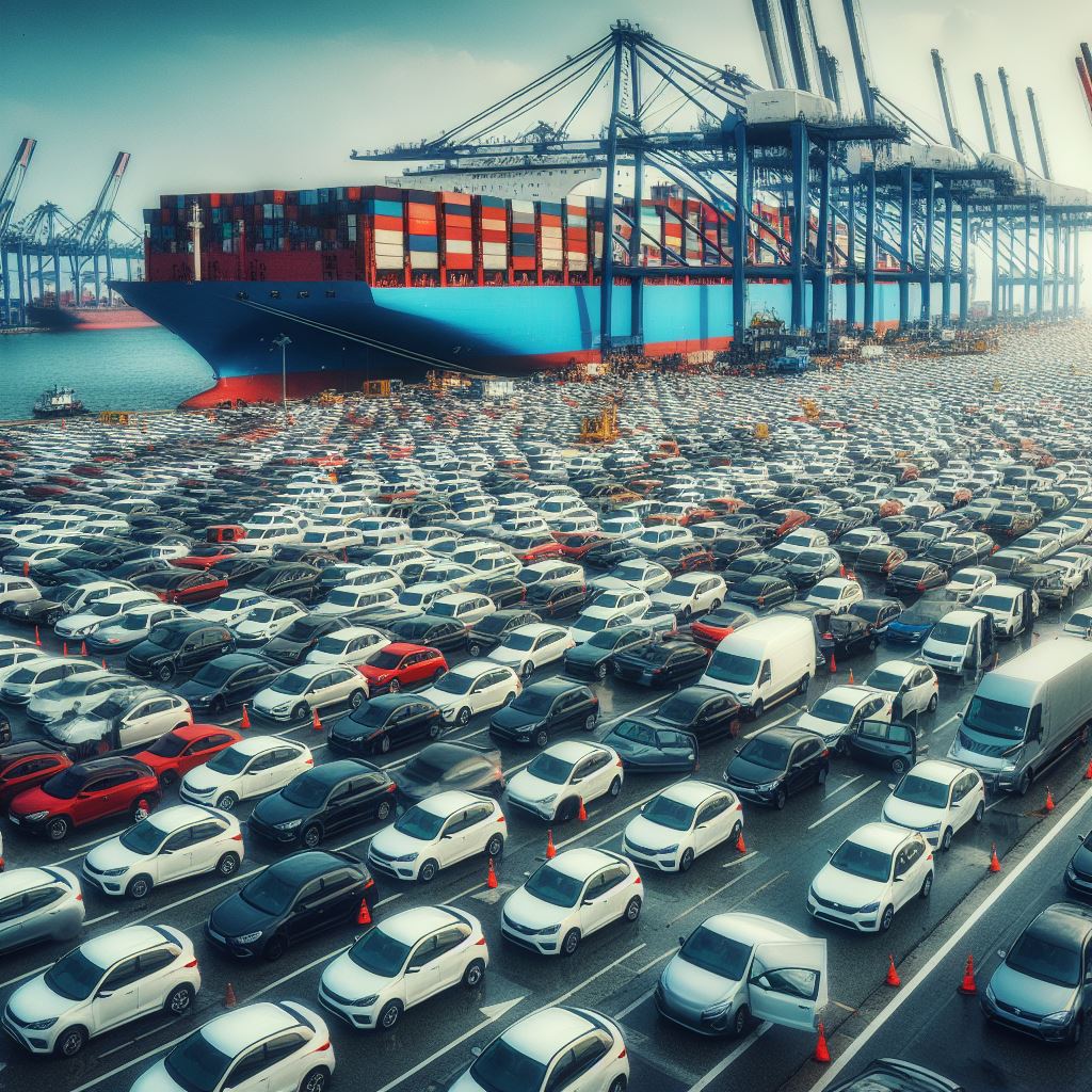 Des milliers de voitures en attente de chargement sur un port à côté du cargo