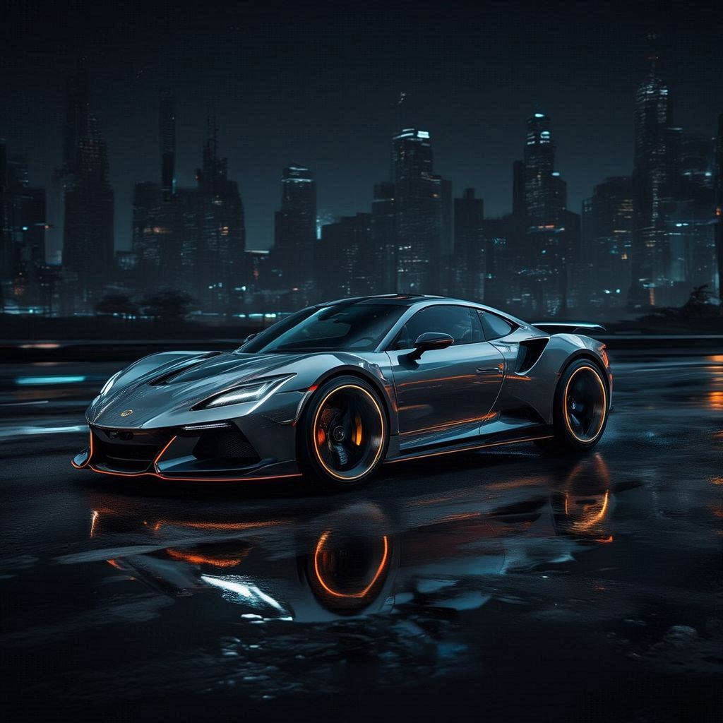 A hyper‑realistic dream car showcased in a dramatic nighttime setting. Sleek aerodynamic body, glossy metallic finish, glowing LED accents, and sculpted curves. Cinematic rim lighting, neon reflections on wet pavement, and a moody futuristic city skyline in the background. Low‑angle hero shot emphasizing power and elegance. Subtle motion blur, crisp details, and a bold, high‑end luxury vibe.。第 3 个图像，共 4 个图像