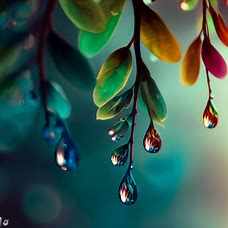 A tree branch with colourful droplets of water hanging from its leaves