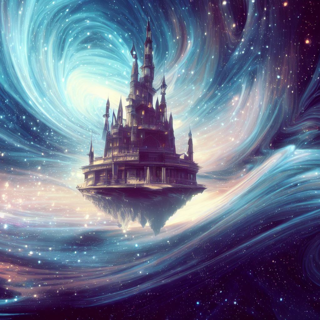 Imagine a majestic castle floating in space, surrounded by a swirling galaxy of twinkling stars.