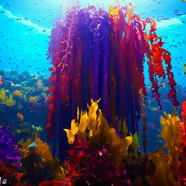 Create a vibrant underwater garden with a variety of colorful kelp plants cascading down from their anchors at the top of a lush reef.. Image 2 of 4