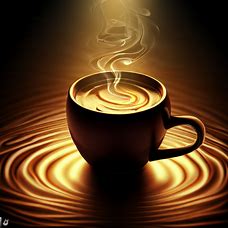 Imagine a steaming cup of coffee with ripples of golden light beaming from a single, perfect coffee bean".