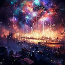 Draw a sprawling, midnight cityscape lit up by the colorful fireworks exploding above it.