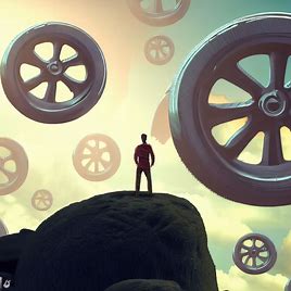 Create a surreal and dreamy world where wheels are the central element of the design.