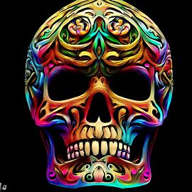 Create an image of a colorful and stylized skull with intricate floral designs carved into it.. Image 4 of 4