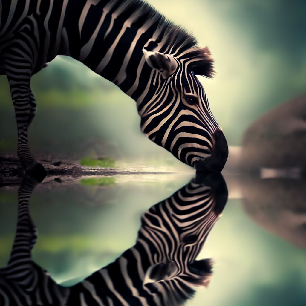 A love-struck zebra gazing at its reflection in a calm pond.。第 4 个图像，共 4 个图像