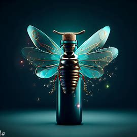 Visualize a wine bottle transformed into a magical beetle, with the label as its wings and the cork as its body.. Image 2 of 4