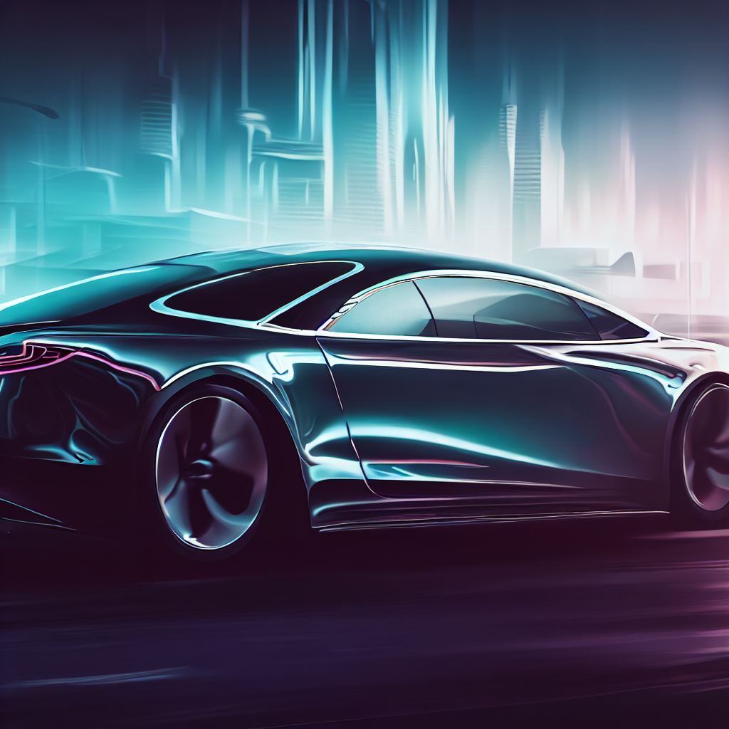 Imagine a stylized version of the Tesla Model S, with elegant curves and sleek lines, set in a futuristic cityscape.