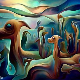 Paint a surreal landscape of an underwater world inhabited by abstract dogs.. Image 4 of 4