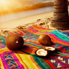 Create an image of an exotic picnic with colorful, patterned blankets set up on a warm beach and surrounded by cracked, juicy coconuts.