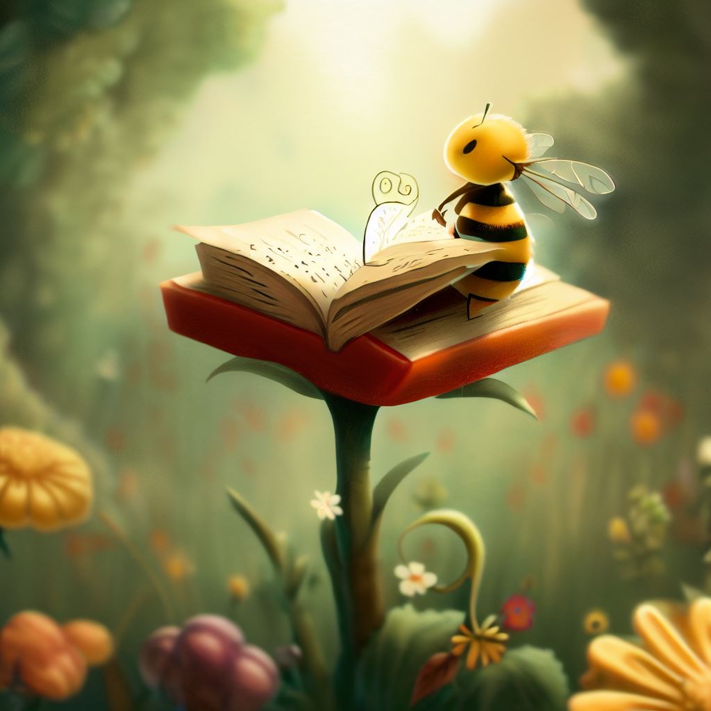 A whimsical scene of a bee reading a book on a flower.