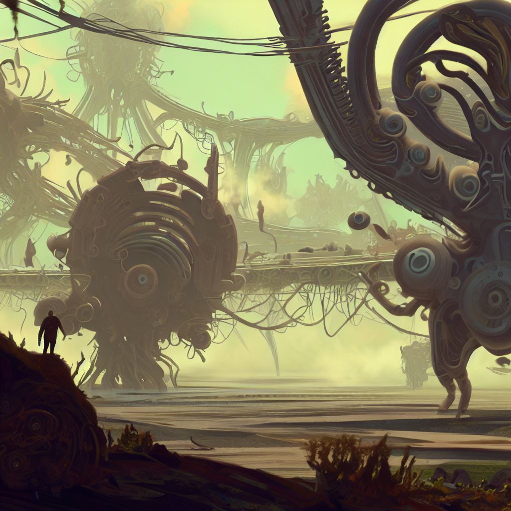Create a surreal landscape filled with intricate, technologically advanced structures and creatures.