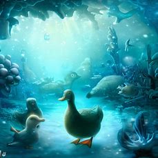 An underwater wonder-world where ducks and sea creatures coexist in a winter wonderland underwater.