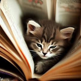 Show a kitten cuddled up inside a book, surrounded by pages filled with adventures and stories.. Image 2 of 4