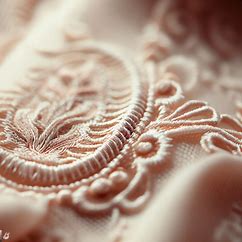 A close-up of a delicate and intricate piece of embroidery on a soft, textured fabric