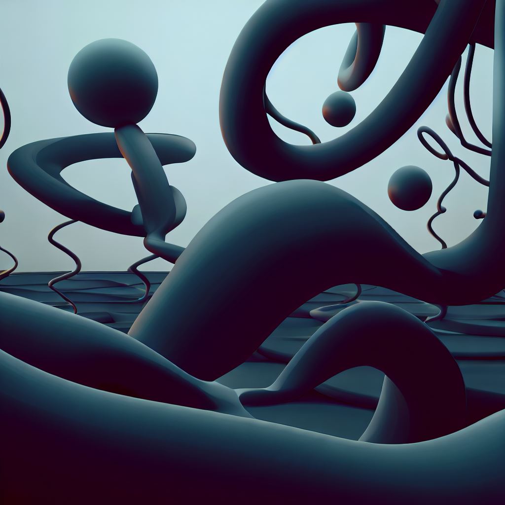 Design a surreal atomic landscape with atoms forming twisted and impossible shapes.