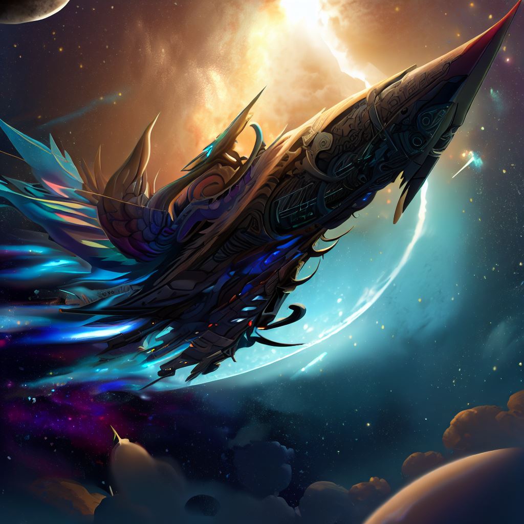 Design a rocket ship that resembles a giant dragon, flying through a mythical universe.