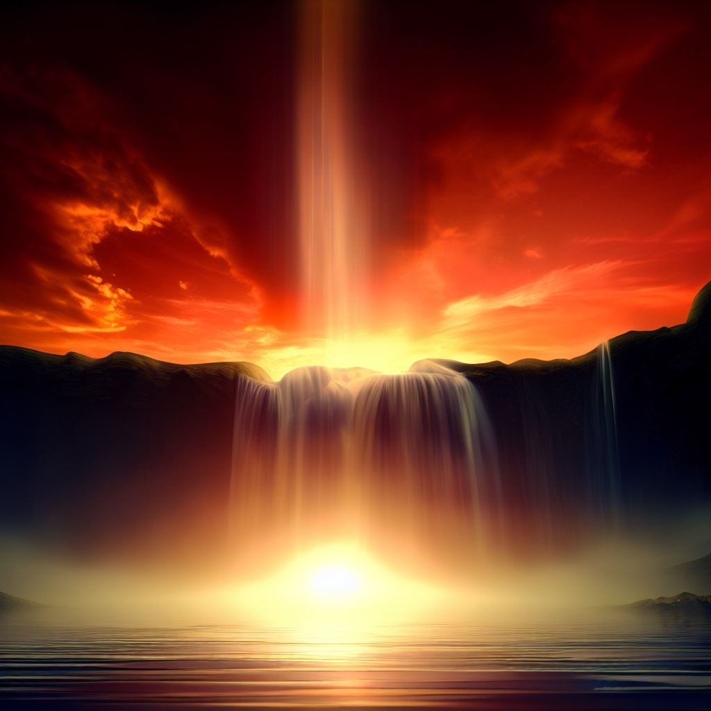 Visualize a dramatic sunset, with a brilliant red and orange sun beaming down behind a heavenly waterfall cascading into a deep, still pool.。第 4 个图像，共 4 个图像