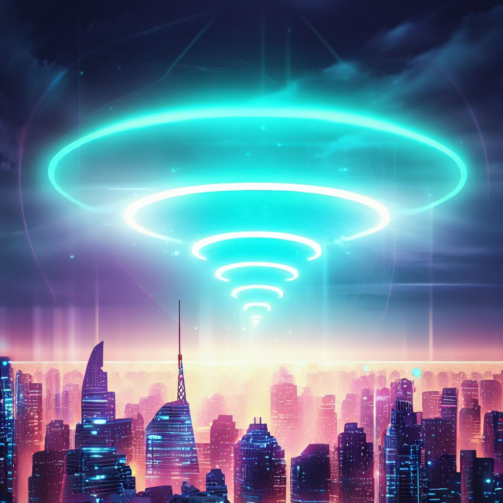 Imagine a futuristic city skyline with a giant Wi-Fi signal glowing above it.