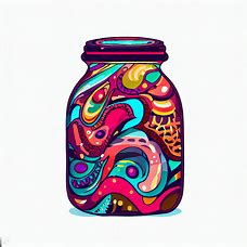 Illustrate a unique and creative jar of jam filled with vibrant colors and patterns.