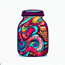 Illustrate a unique and creative jar of jam filled with vibrant colors and patterns.. Image 1 of 4