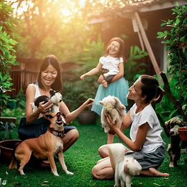 Picture a family playing with their pets in a backyard garden.. Image 4 of 4