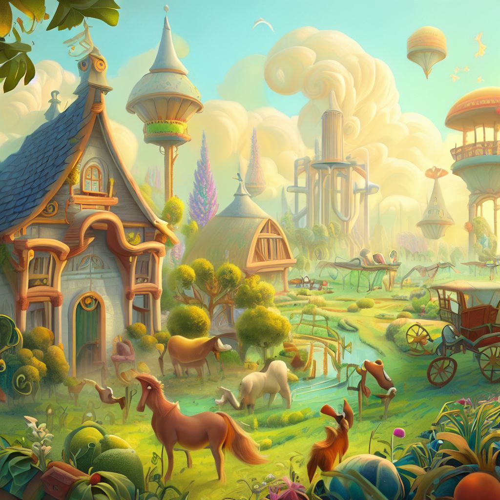 Imagine a whimsical farm where animals, crops and architecture all blend into a harmonious flourish.