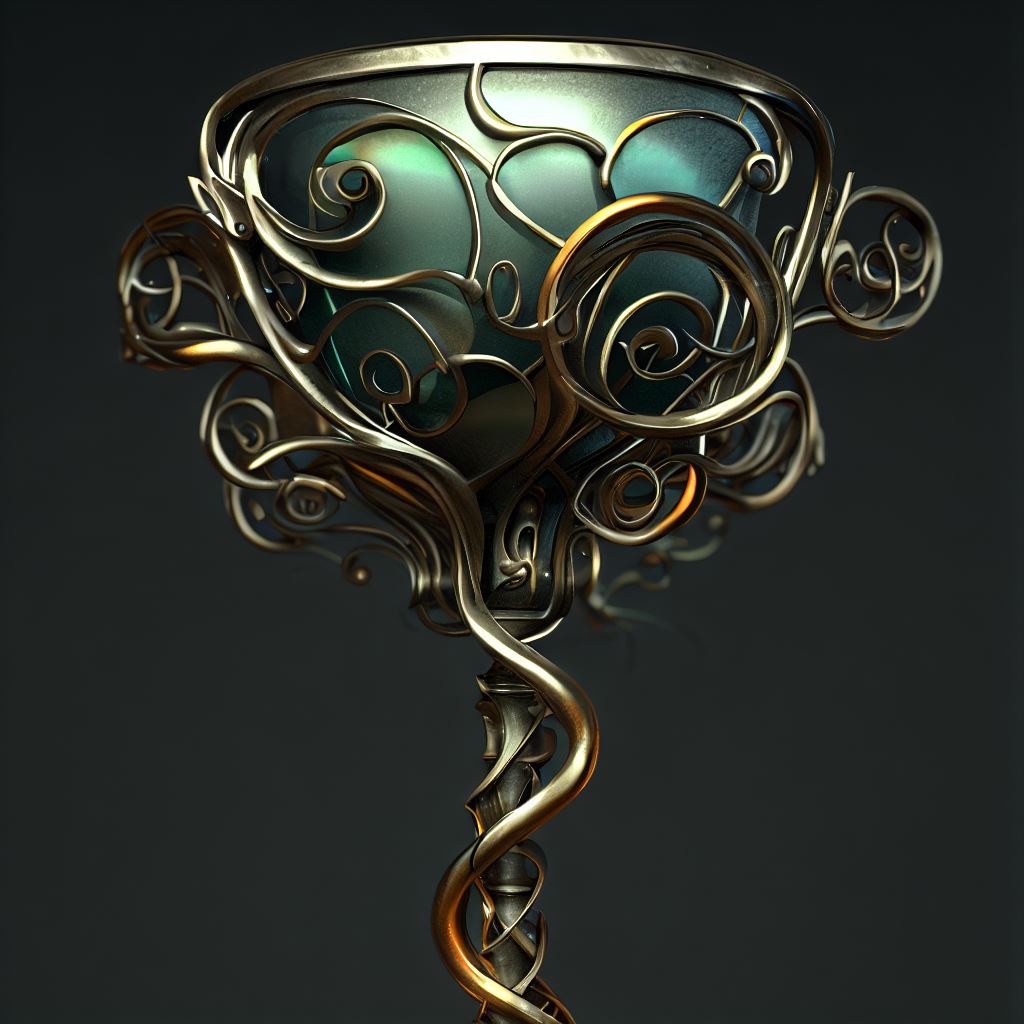 Create an ornate, stylized stem made of metal and glass.