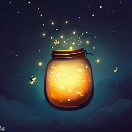 Create a whimsical and magical illustration of a jar filled with fireflies floating in a night sky.. Image 3 of 4