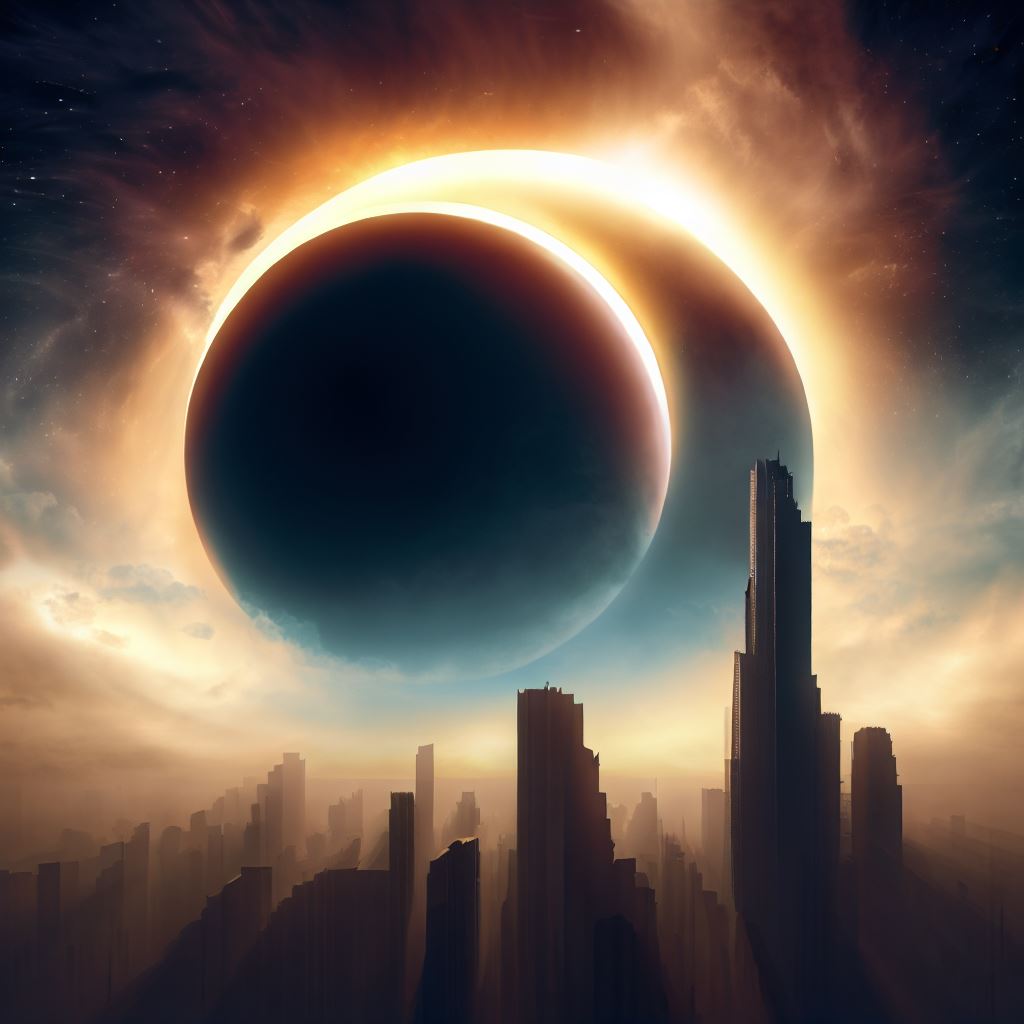 Create an image of a majestic solar eclipse over a towering cityscape.