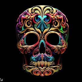 Create an image of a colorful and stylized skull with intricate floral designs carved into it.. Image 1 of 4