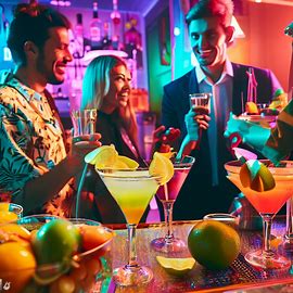 A vibrant and colorful bar scene with cocktail glasses, fruit garnishes, and eclectic mix of people conversing and laughing. Image 2 of 4