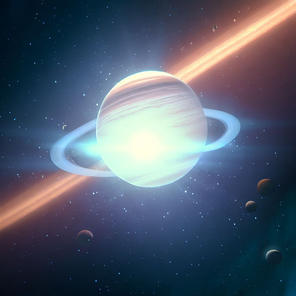 Depict Jupiter as a serene and peaceful planet, surrounded by a tranquil and calming glow of light, its numerous moons soaring gracefully around it.