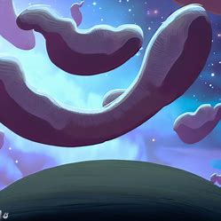 Depict a surreal and dreamlike stomach with floating islands and a backdrop of stars and clouds.