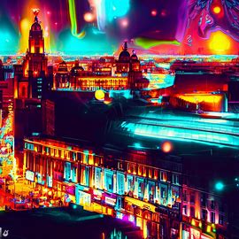 Make a surreal collage of Liverpool at night, featuring the city lit up with neon and other vibrant colors.. Image 4 of 4