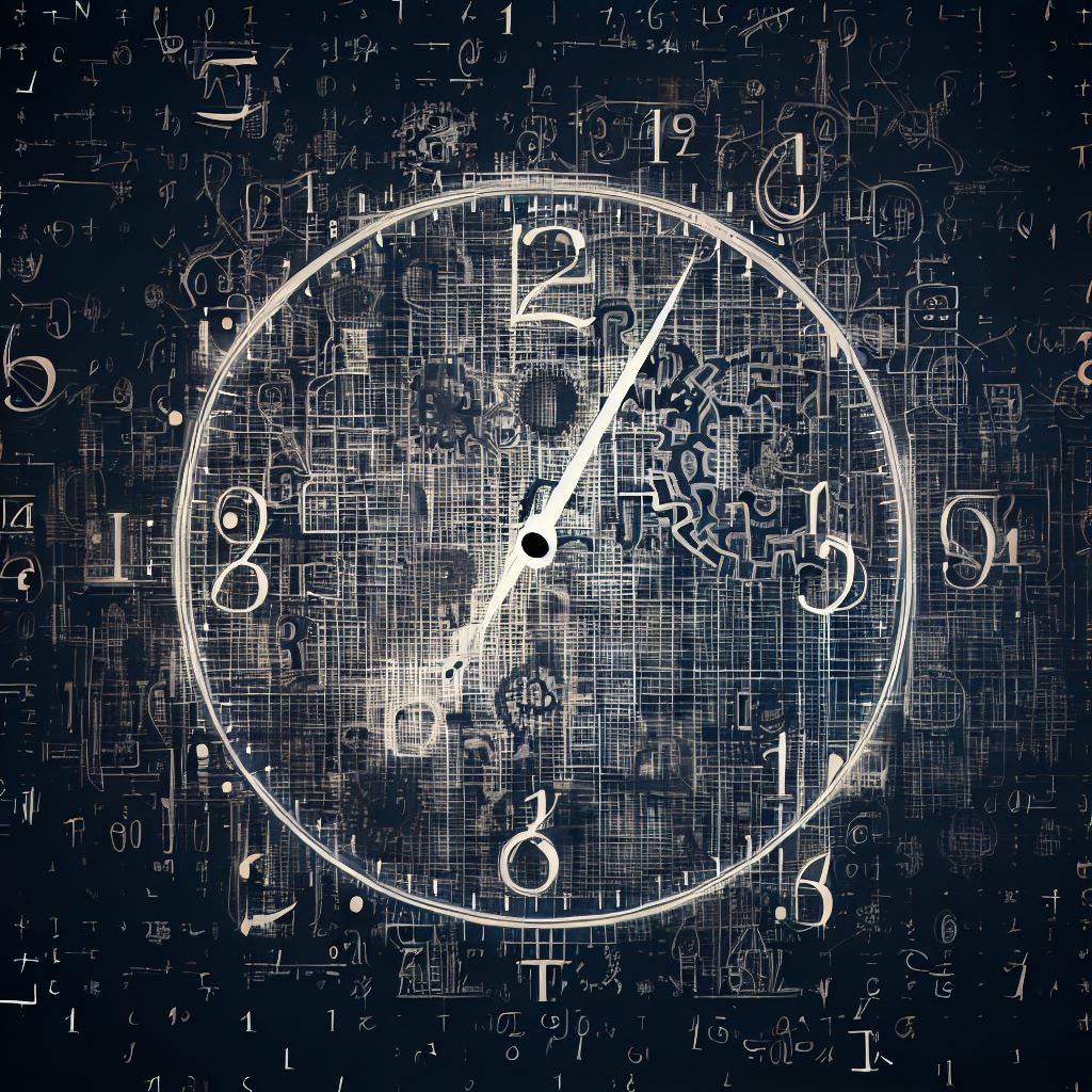 Draw a picture of a clock made entirely of mathematical symbols and equations.