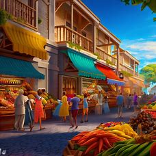 Imagine a lively and bustling Caribbean street market where vendors sell an array of spices, fresh fruit