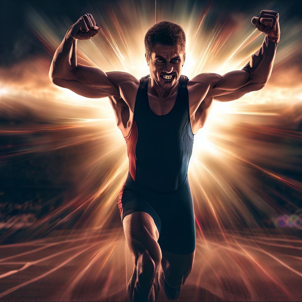 Create an image of an Olympic runner crossing the finish line with a powerful, triumphant look on their face.