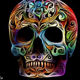 Create an image of a colorful and stylized skull with intricate floral designs carved into it.. Image 3 of 4