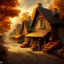 Picture an autumn village with stone cottages, cobblestone streets, and a quaint market full of fall produce.. Image 2 of 4
