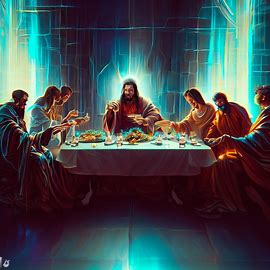 Create an artistic representation of the Last Supper in a futuristic setting.. Image 1 of 4