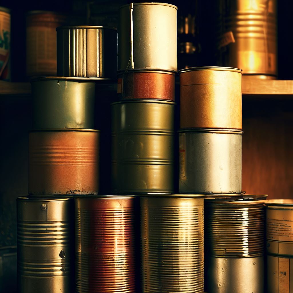 A still life of various soup cans stacked on top of each other in a pantry.